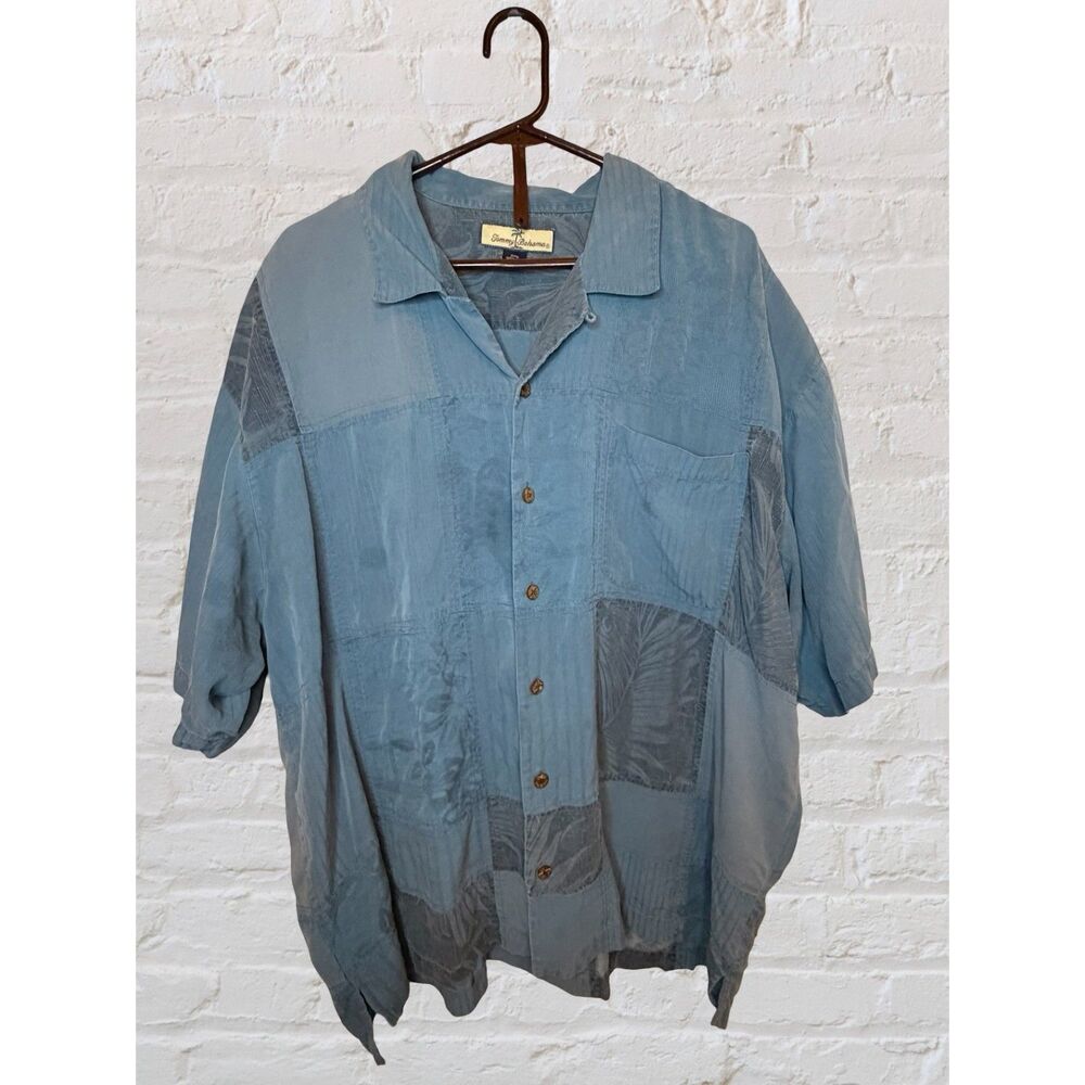 Tommy Bahama XXL 100% Silk Camp Collar Shirt Steel Blue Mixed Texture Resort